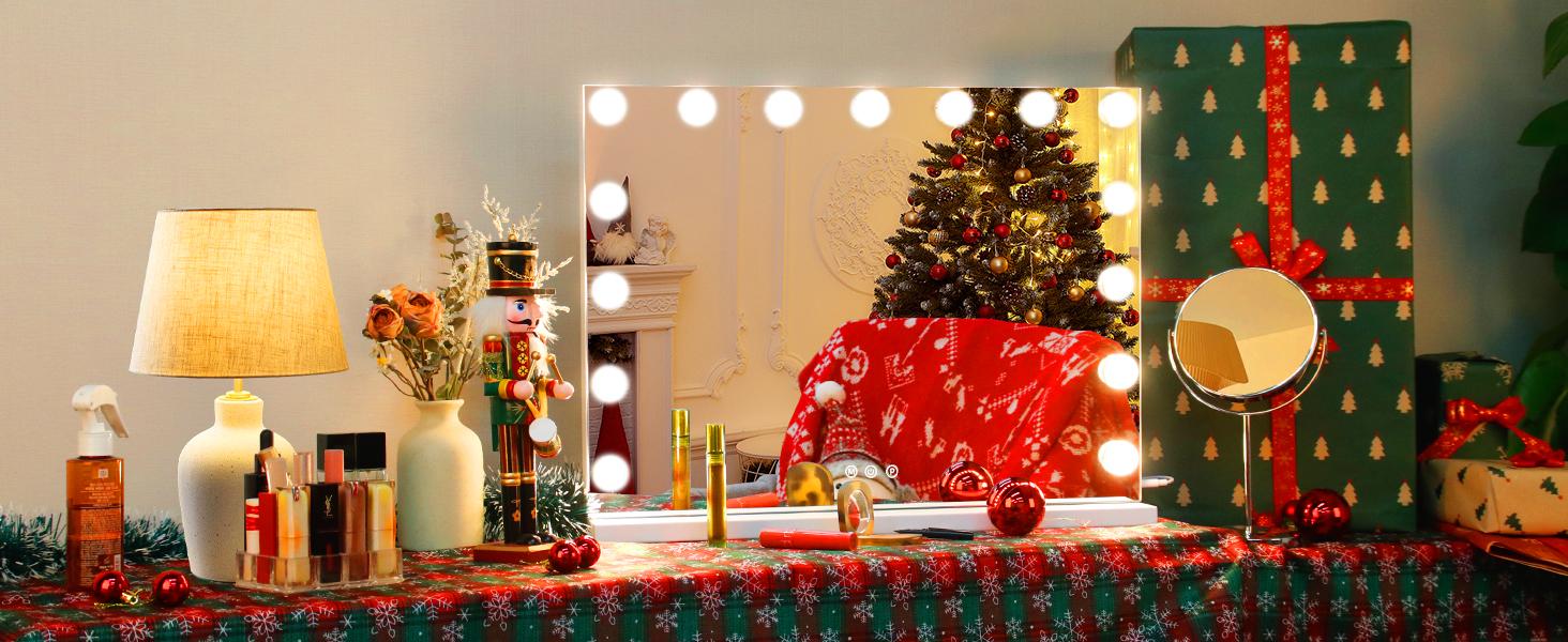Hoodink Hollywood Vanity Mirror with Lights 15 Dimmable Bulbs 3 Color Lights Make Up Lighted Mirror Aluminum Metal Frame USB Charging Port 23 x 18 inch