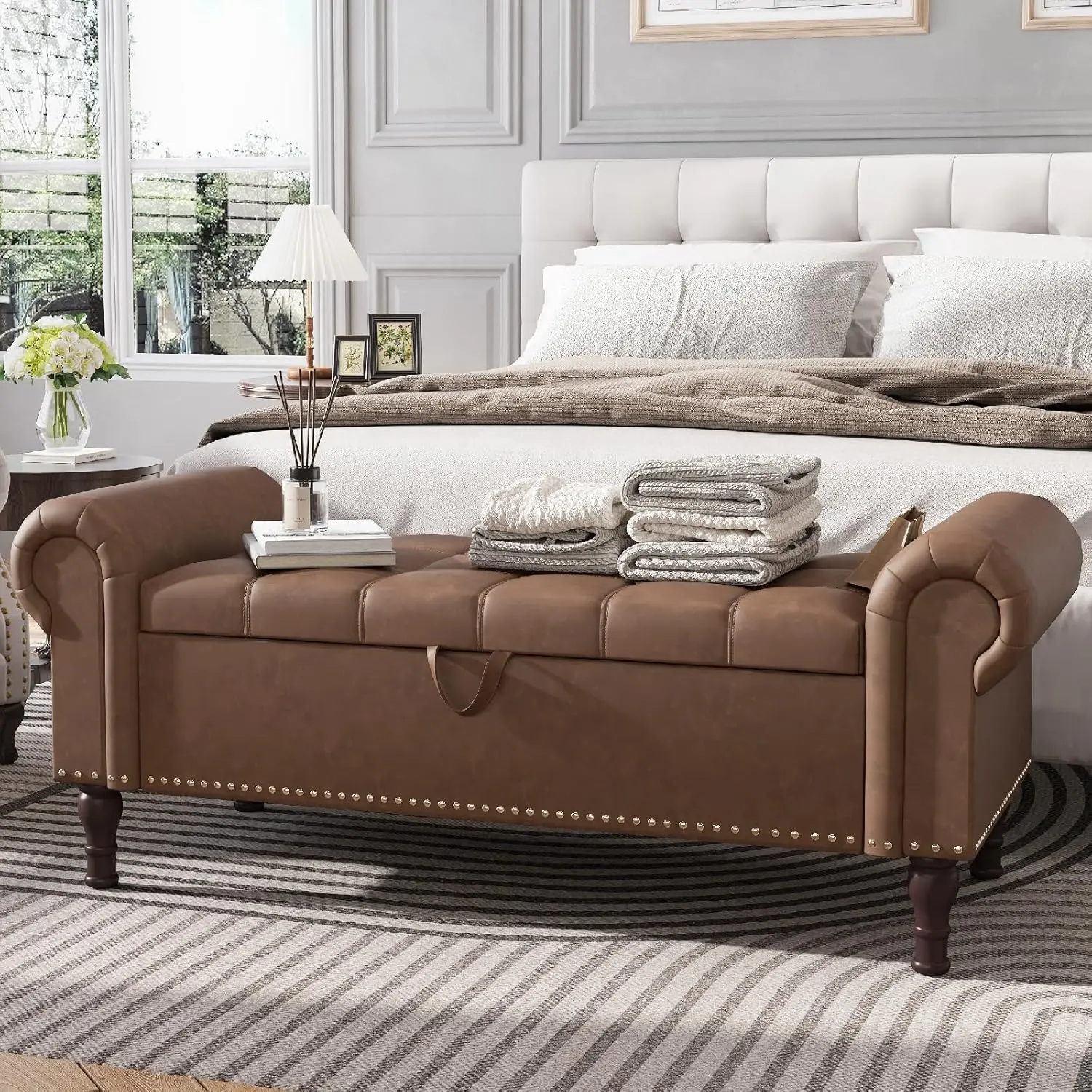 【Back to School】AMOPATIO 60" Queen Size Storage Ottoman Bench, Tufted Upholstered End of Bed Bench with Button Tufting & Large Hidden Storage Chest for Bedroom Living Room Entryway
