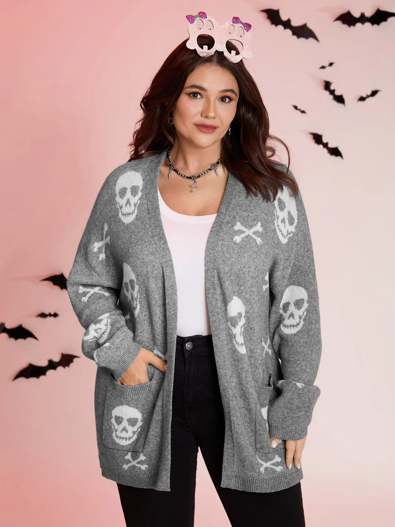 BloomChic Women's Plus Size Knitted Halloween Skull Print Cardigan - Long Sleeves, Open Front, Drop Shoulder, Pockets, Casual Fashion Top, Women's Clothing, 18-20/2X-M-6X, 45% Viscose, Spooky Fall Wear, Low Iron, Hand Wash Only, No Dry Clean, Flat Dry