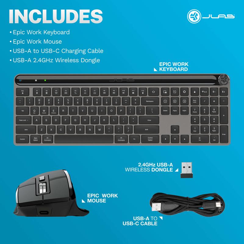 JLab Epic Wireless Keyboard & Mouse Set: Minimalist & Modern, Bluetooth/USB, Multi-Device, Illuminated Keys, Media Knob, Rechargeable 6-Month Battery, Customize