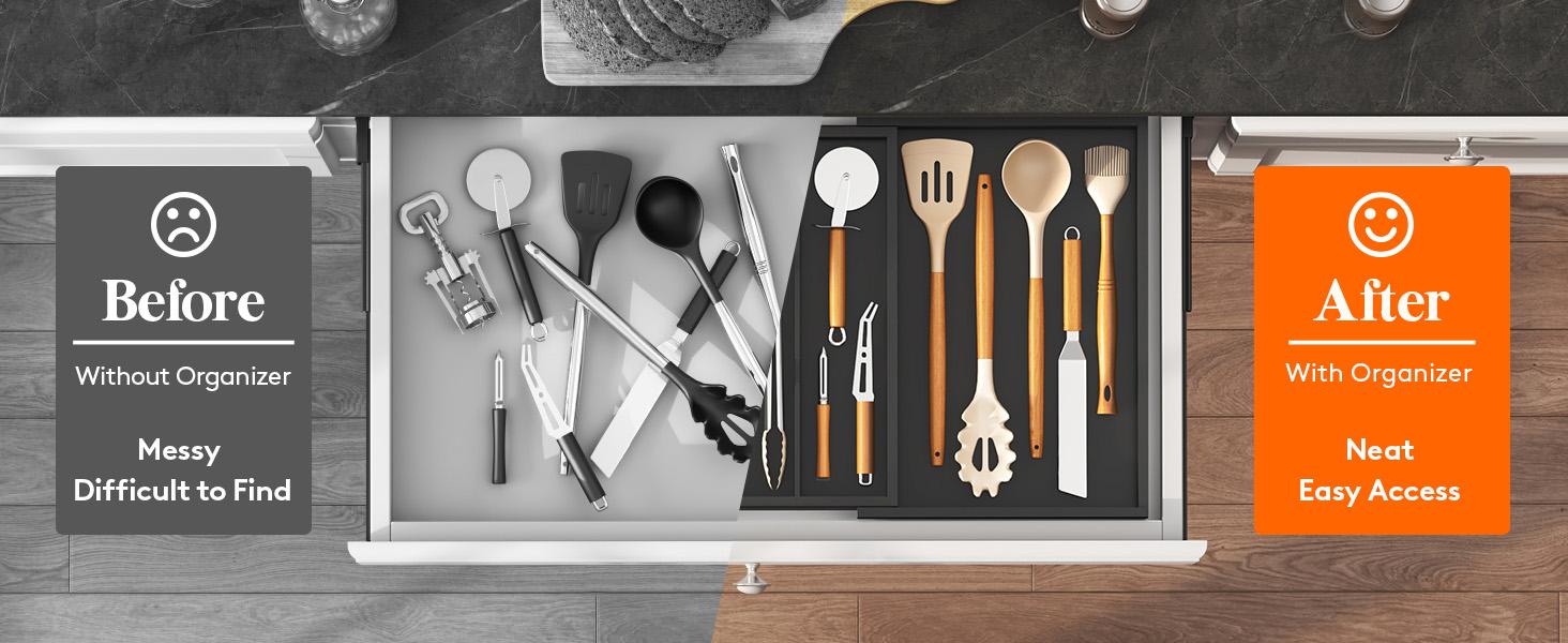 Lifewit 4 Compartments Bamboo Utensil Drawer Organizer, Expendable Cooking Silverware Tray for Kitchen Drawer