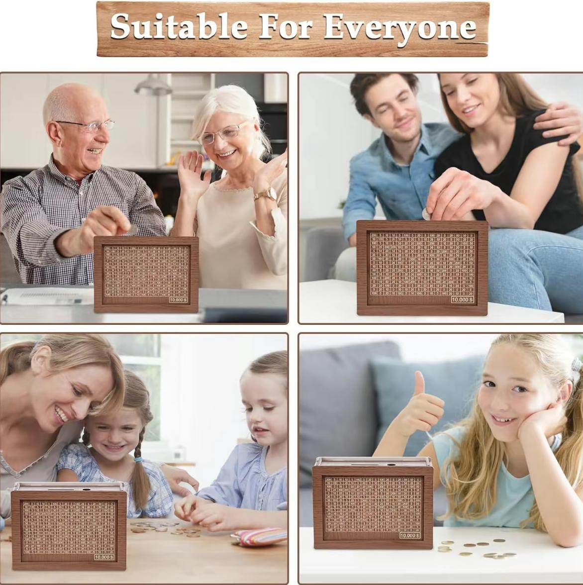 $10,000 Savings Challenge Box, Wooden Cash Vault for Kids & Adults, Money Saving Box with Lid, Birthday Piggy Bank Gift Home Decor