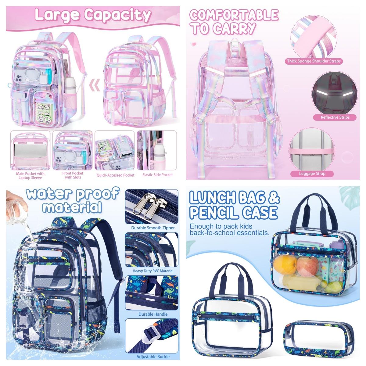 Fimibuke Clear Backpack with Lunch Box & Pencil Case 3PCS Heavy Duty Transparent PVC Schoolbag Large Waterproof Bookbag for Travel School Concert Stadium Events Backpacks