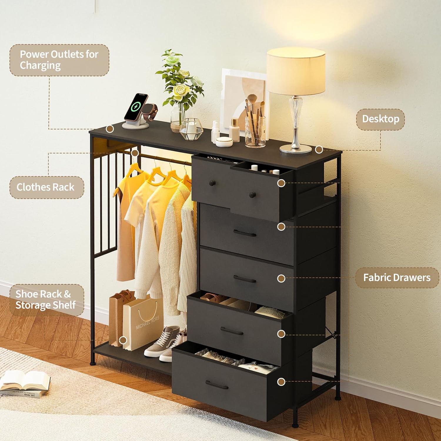 49.2" w Dresser with Hanging Rack & LED Lights, 6-Drawer Closet Organizer with Charging Station, Tall Storage Tower for Bedroom, Reversible Wood Top Chest, Sturdy Frame