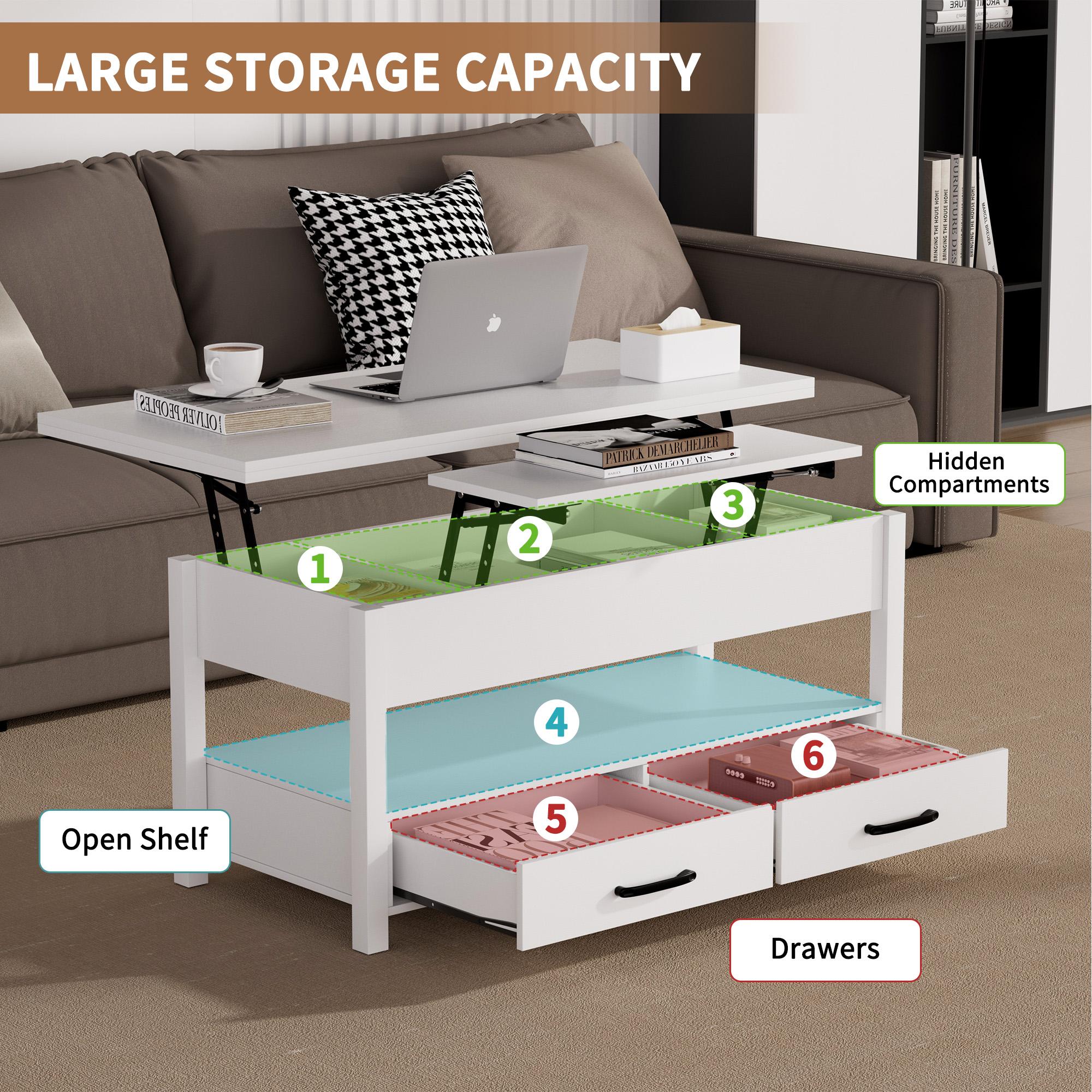 42'' Lift Top Coffee Table, 4-in-1 Multifunctional Lift Coffee Table with Storage & Hidden Compartments, Farmhouse Coffe Table with Lifting top for Living Room, Dining Reception Room