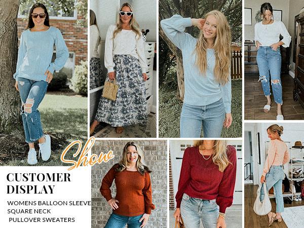 Women's Sweaters Spring 2025 Trendy Puff Sleeve Tops Casual Knit Square Neck Cute Tunic Pullover Blouses Shirts Size Runs Smal