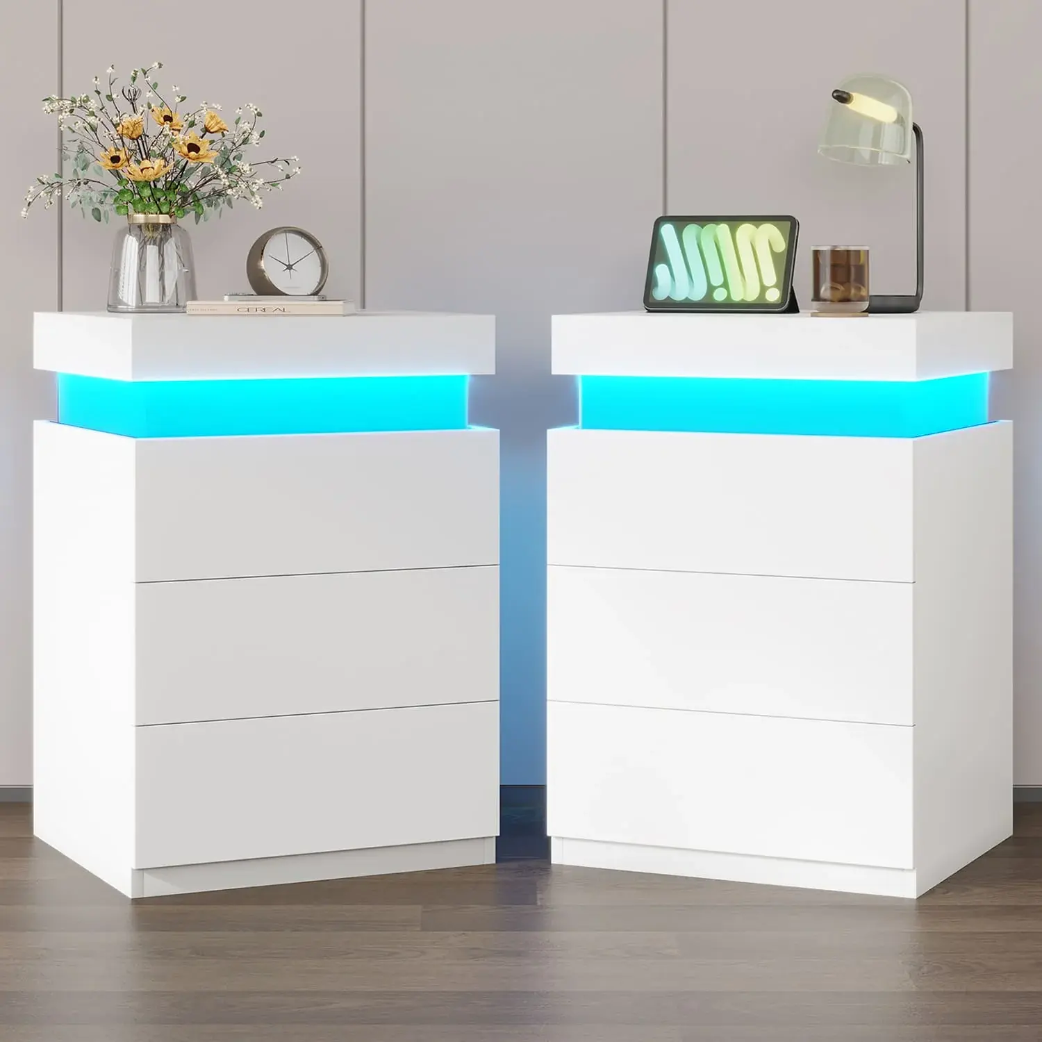 SIKAIC Modern Nightstand with Charging Station, LED Lights, Sliding Top and Drawers - Bedroom Bedside End Side Table (Nightstands with Drawer),dorm essentials,home decor