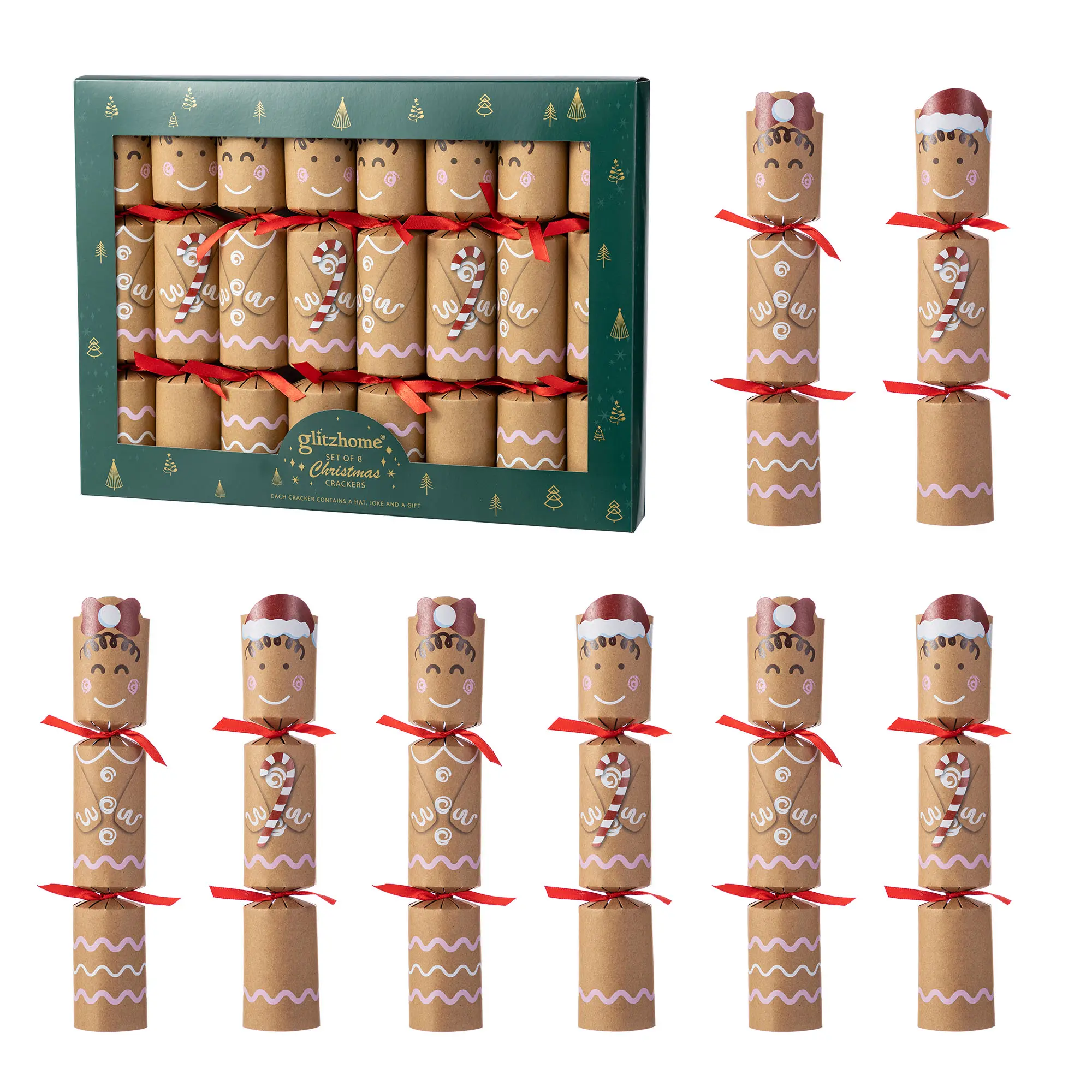 Glitzhome 8-Pack Christmas Gingerbread Man Party Crackers (2.0in D x 12.0in H) - With Gift Contents, Star Accents - Festive Decor for Home Parties