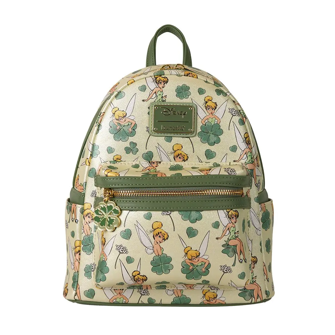 Loungefly Disney Peter Pan Tinker Bell Graphic Clover All-Over Print Mini Zip Backpack, Cute Casual Daypack for Daily Use (Cute Backpacks)