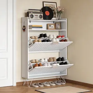 FCH Shoe Storage Cabinet for Entryway, Grid Panel Shoe Cabinet with 2 Flip Drawers & Top Flip Drawer, Freestanding Organizer with 2 Hooks, High Feet & Anti-Tip Kit for Hallway, White Particle Board Construction