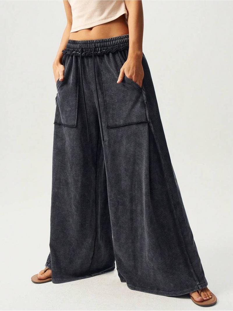 BOHO Ladies' Casual Knitted Patchwork Color Loose Wide-Leg Washed Pants