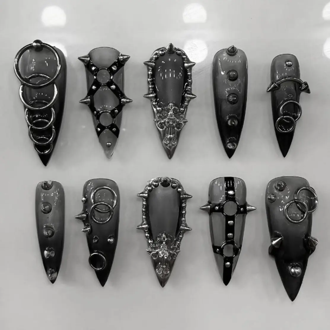 Handmade Gothic Spike Press On Nails | Black Chains & Metal Ring Art