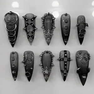 Handmade Gothic Spike Press On Nails | Black Chains & Metal Ring Art