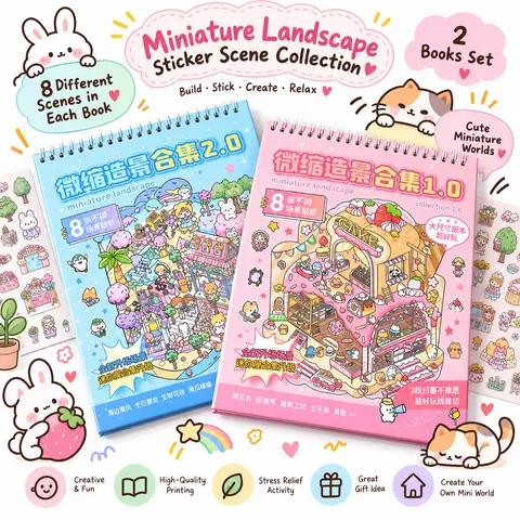 Halloween Gift 2 Pack Rainbow Island Large Size 3D Stacking Hut Handbook Sticker Book 20 Sheets Per Pack Miniature Landscaping Decorative Stickers Scene Therapy Sticker for Relief Stress Pass The Time