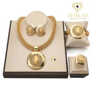TETECASE 24K Gold Plated Luxury Jewelry Set | 4pcs Round Filigree Design Necklace Bracelet Ring Earrings.