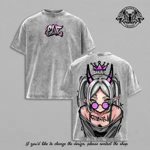 Frieren Streetwear Vintage Washed Anime T-Shirt | Demon Elf Girl Purple Crown Graphic Tee | Oversized Retro Shirt | Heavy Cotton Grunge Gift for Frieren Fans