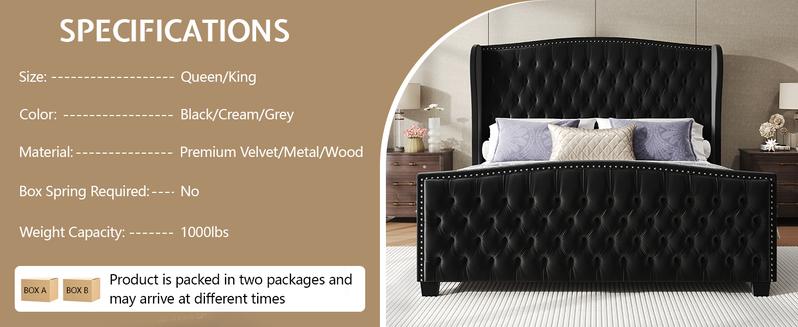 [Ships in 2 Boxes] AMERLIFE Adjustable Bed Frame, 50.8" H Velvet Upholstered Bed with Wingback Headboard and Deep Button Tufting, Platform Bed Frame with Dual Motor and Remote Control, No Box Spring Needed/Best Gift Ideas/Christmas Gifts
