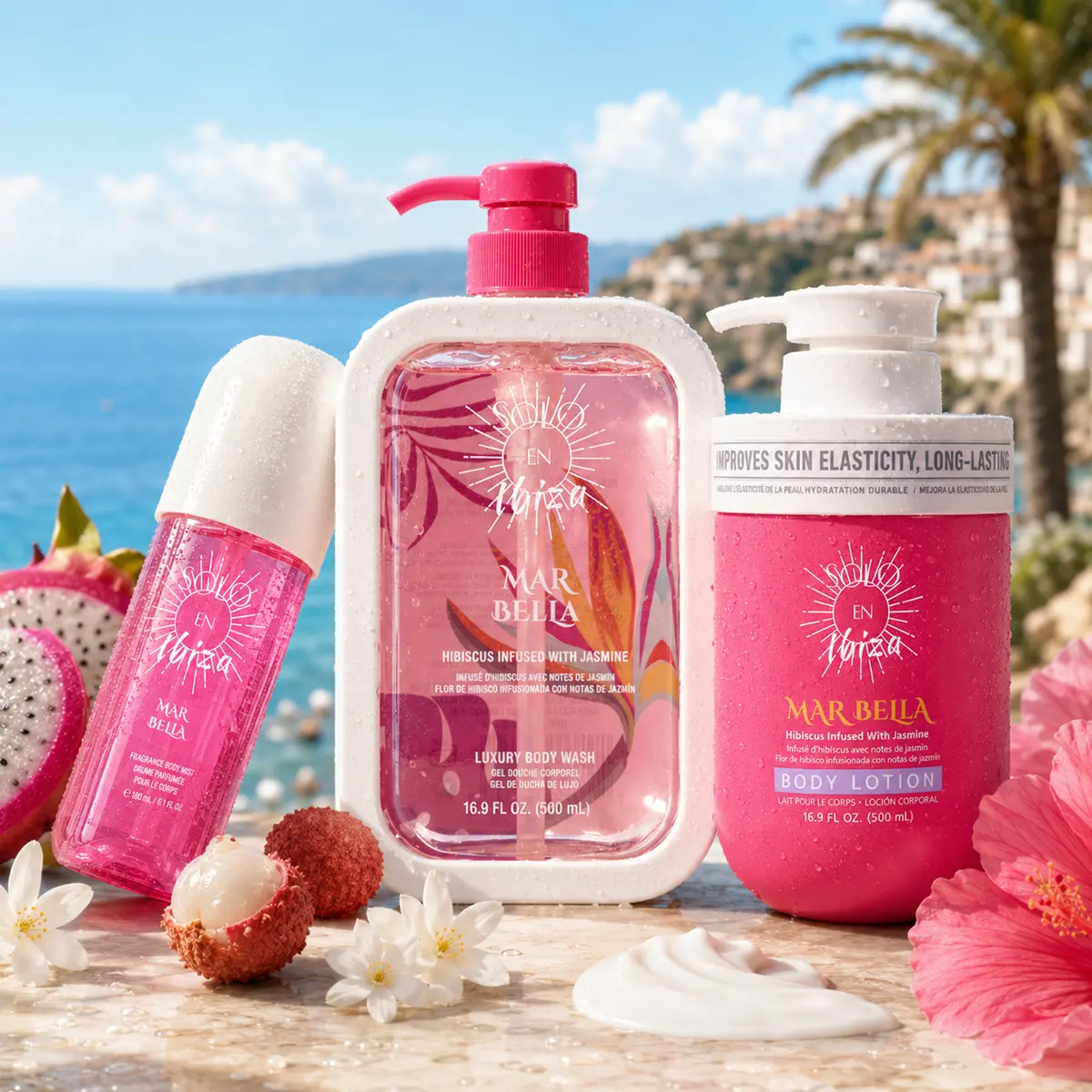 SOLO EN IBIZA Mar Bella 3-Piece Bath & Body Layering Set, 6.1 fl oz (180ml) Fragrance Mist & 16.9 fl oz (500ml) Body Lotion & 16.9 fl oz (500ml) Body Wash, Long-Lasting Pitaya, Lychee & Jasmine Scent