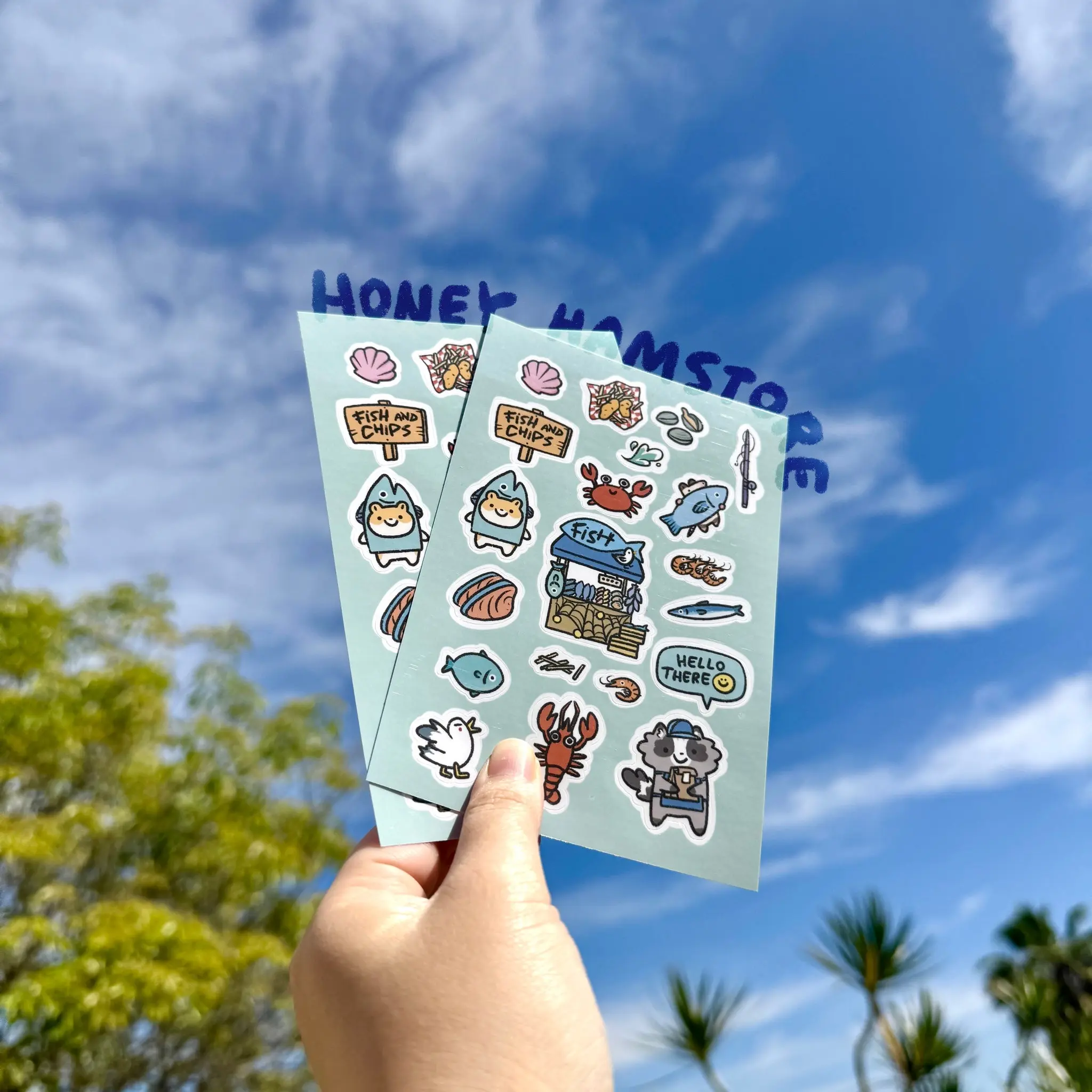 Honey Hamstore Friends Hamster Possum Raccoon Fish Stall Pretty Cute Sticker Sheet Page with 20 Pieces