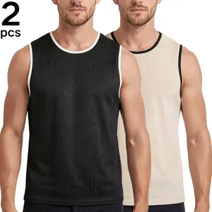 Embossed Monogram Tank Tops with Contrasting Trim - 2-Pack Retro Streetwear Essentials