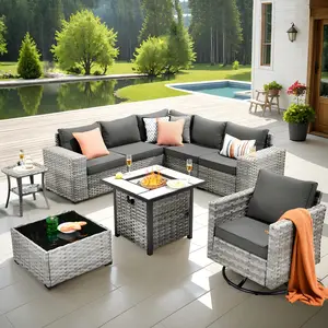 OVIOS 9-Piece Outdoor Patio Furniture Set with 30" Fire Pit Table, Wicker Sofa & Swivel Rocking Chair, Conversation Set with Cushions for Backyard Patio Porch Deck Garden Balcony Outdoor Seating