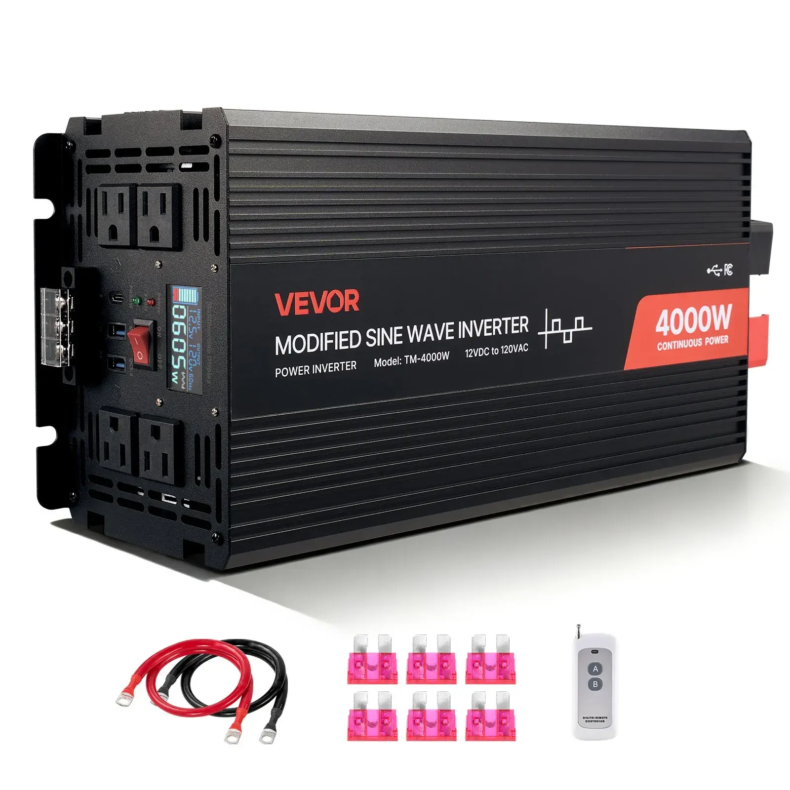 VEVOR 4000W Max Power Inverter, 12V DC to 120V AC Modified Sine Wave, LCD Display, Remote Control, Smart Cooling Fan, Aluminum Alloy Solar Car Charger Converter, Multi-Port Charge (2 USB, 4 AC, Type-C), Outdoor Ready Father's Day Gift for RV, Truck