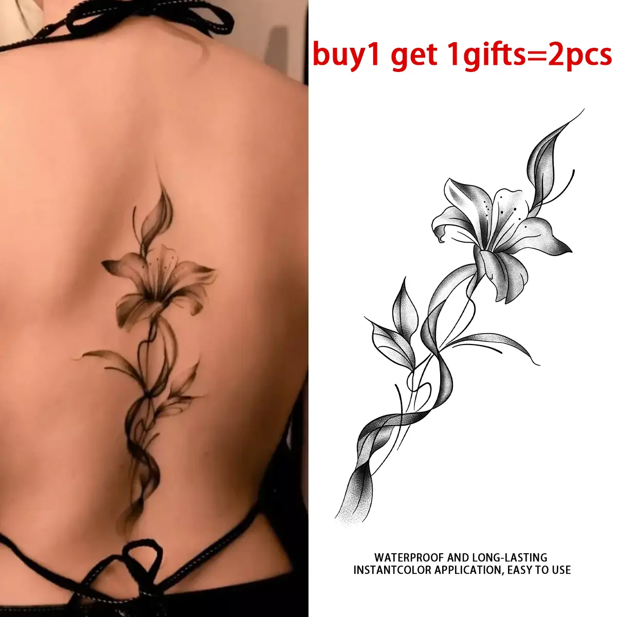 Black Sketch Lily Floral Spine Back Temporary Tattoo Stickers - 2 Sheets Semi-Permanent Waterproof Realistic Elegant Fake Tattoos, Body Art Decals for Women Girls, All Skin Types Perfect for Party, Beach, Daily Wear