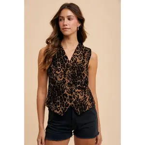 Annie Wear Stretch Leopard Denim Button Down Vest