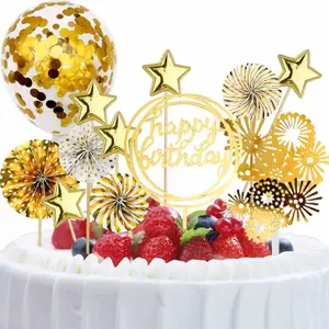 Cake Topper Decoration Set Acrylic Glitter Happy Birthday Cake Topper with Confetti Balloon Paper Fans Stars Firework Cupcake Toppers for Gold Theme Decor Girl Women Birthday Party Supplies (Gold) yuntop