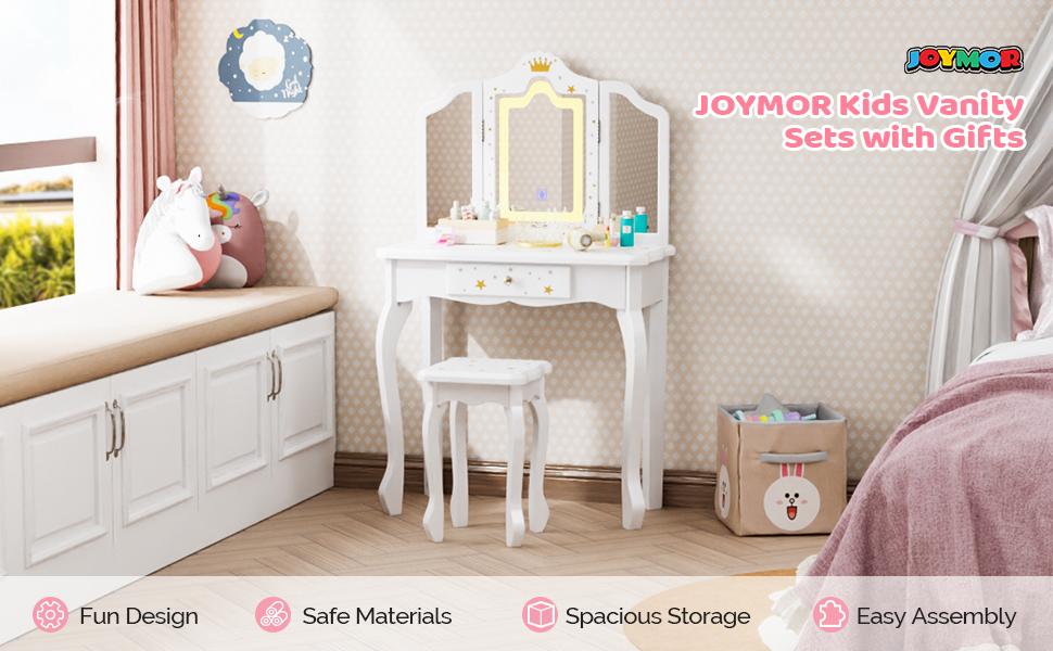 JOYMOR Upgrade Kids Vanity, 2-in-1 Girls Vanity w/Tri-Folding Mirror & Adjustment LED Touch Screen, 1 Drawer, Kids Vanity Set with Mirror Age 4-9 (White)