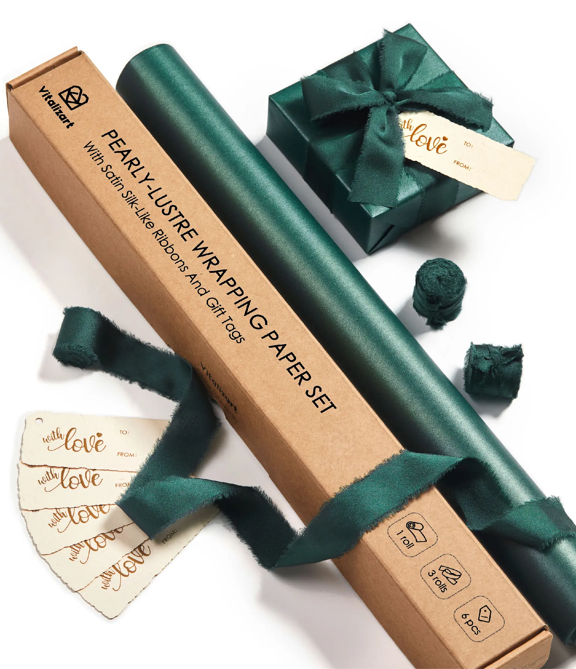 Vitalizart Pearl Finish Gift Wrapping Supplies Set - Eco-Friendly Luxury 1 Roll Paper (17 in x 197 in), Satin Ribbon, Tags, Gift Box Design, Built-In Grid Lines, No Strong Smell, Ideal for Weddings, Bridesmaid Proposals, Wrappingpaper