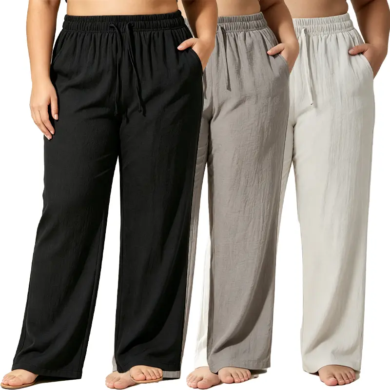3-pack drawstring joggers for curvy/slightly fuller women, featuring a linen texture, high elastic waistband, loose wide legs, and side pockets; breathable and lightweight summer casual beach workout pants.