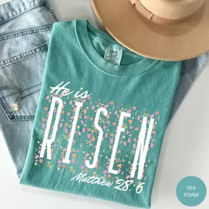 Comfort Colors He Is Risen Easter T-Shirt, Floral Easter Tee, Jesus Easter Shirt, Easter Gift, Apparel