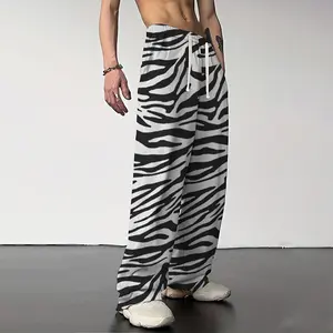 Couple style zebra print wide leg pants, street fashion casual drawstring pants, loose straight leg hanging elastic waistband pants