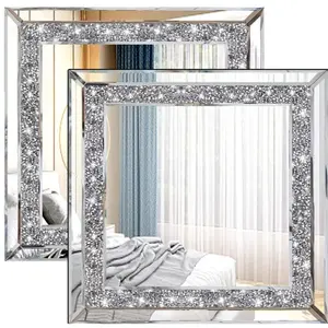 2Pc Sparkly Crushed Diamond Wall Mirror Set Bling Crystal Glam Home Decor 12”x12”
