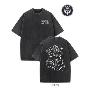 Men's Heavyweight 230gsm Cotton Vintage Washed T-Shirt - Double-Sided "No Luck All God" Graphic & Dice Print, Loose Fit Hip Hop Streetwear Tee with Falling Shoulder Design, Machine Washable Casual Top, Cotton T Shirt, Allseason Ap