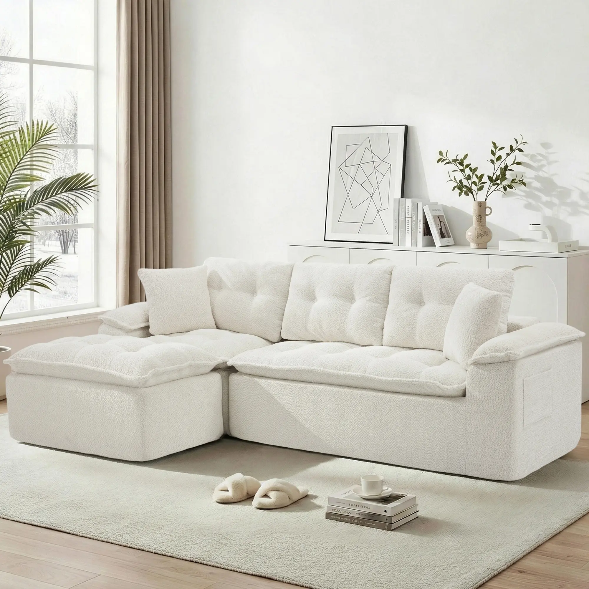 Korser 110" Modern L-Shape Boneless Cushions Chenille Fabric Sectional Sofa, Deep Seats Round Arms Modular Couch with Ottoman, Pre-Assembled for Living Room