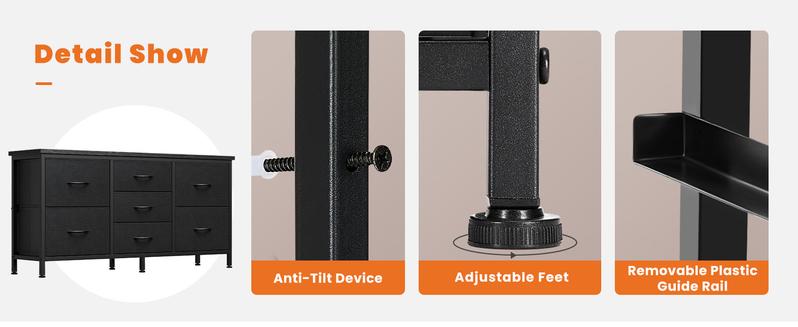 7-Drawer Fabric Dresser for Adults 47-inch TV Stand for Most 43 to 55 inch TVs Wide Storage Chest with Metal Frame Black