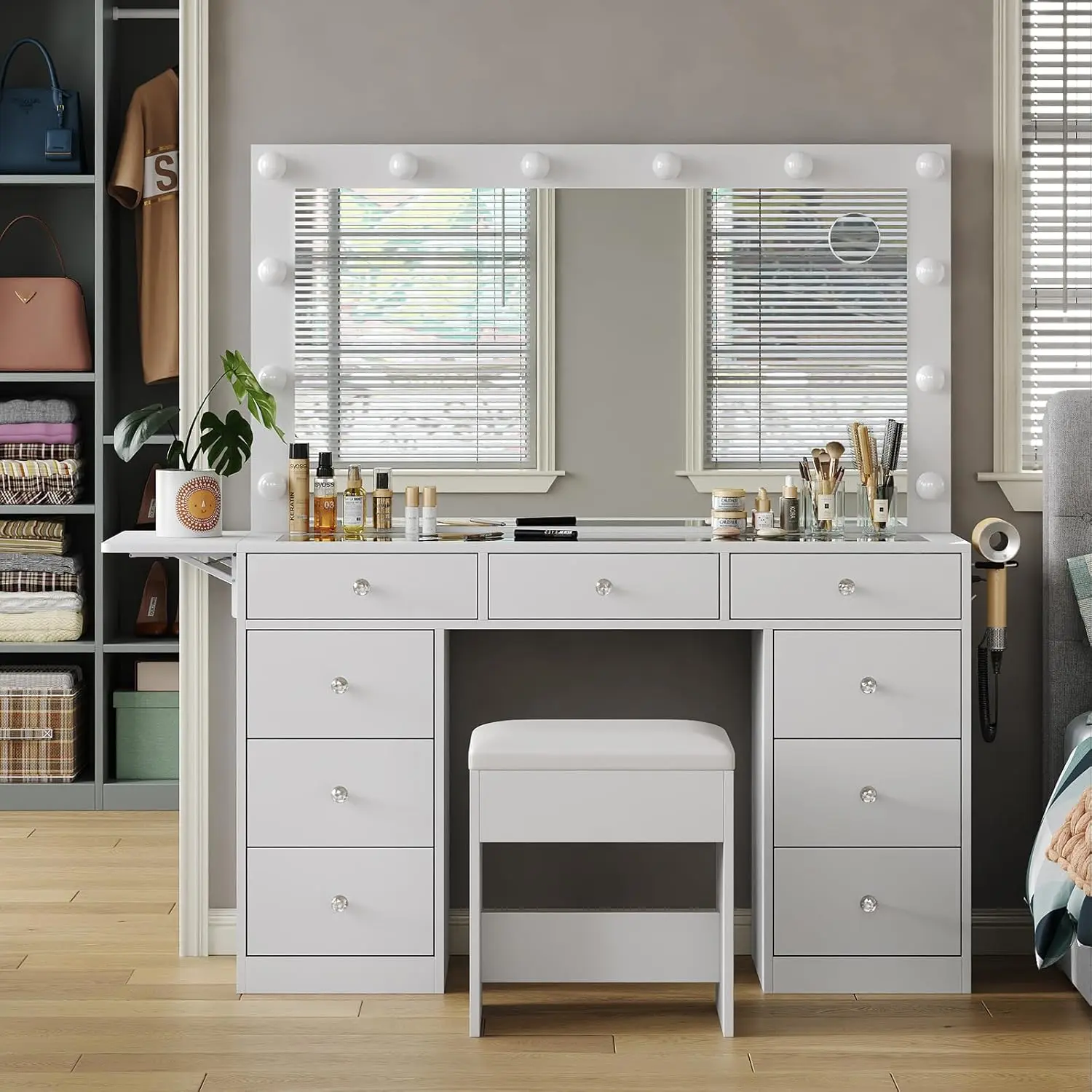 FUSOU 47"W 9 Drawers Vanity Set with Fold-up Panel [Shipping by 2 Packages] Vanity Desk with Power Outlet, Makeup Vanity with Lighted Mirror, 3 Lighting Modes Adjustable, Glass Top, Vanity Table with Chair for Bedroom