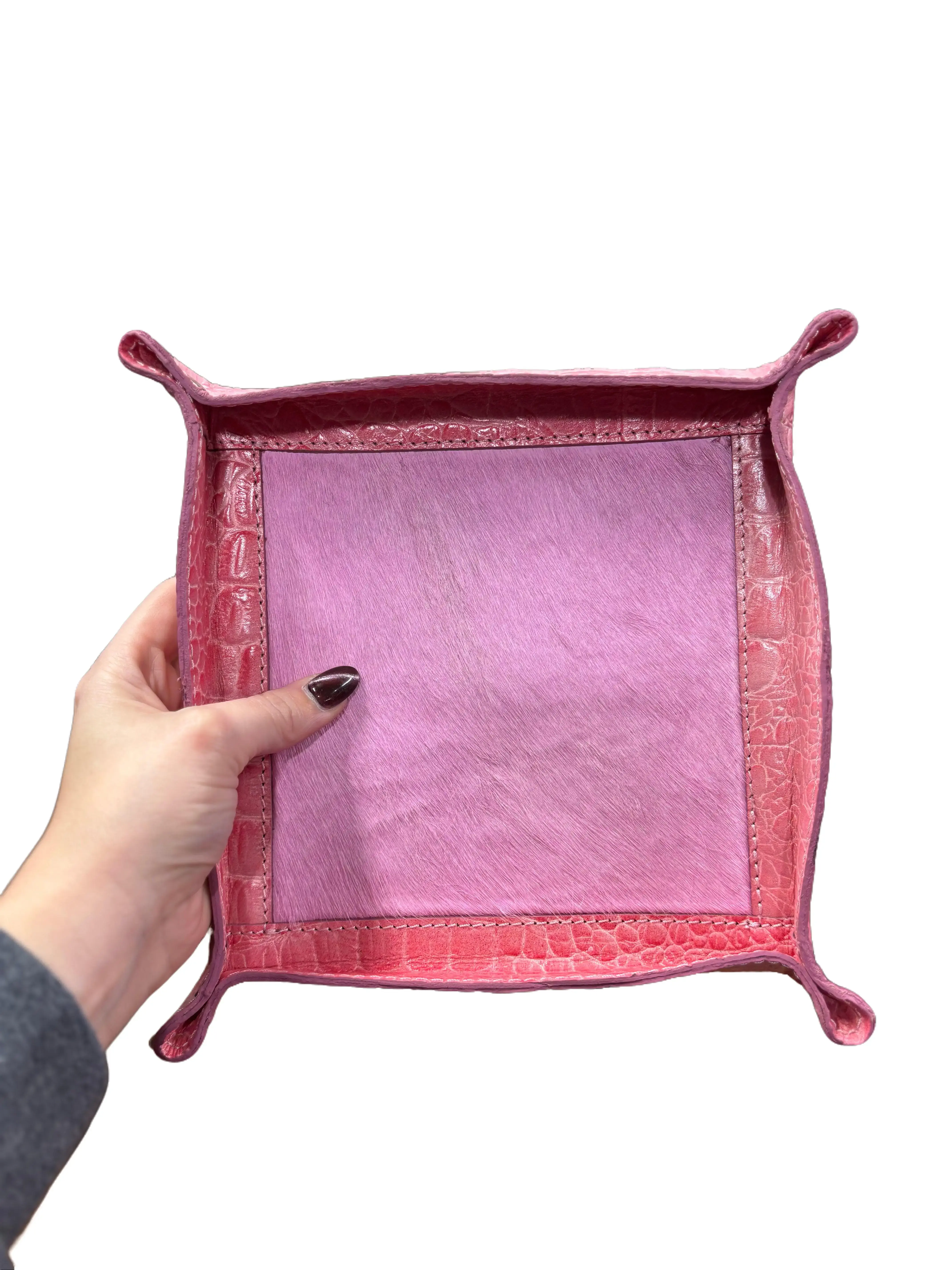 Blush Pink Western Chic Croc-Embossed Leather Hair-On Hide Catchall Tray - Multifunctional Home Storage Supplies, Interior Organizers, Decorative Storage Organizers for Desks, Dressers, Entry Tables with Snap Corners