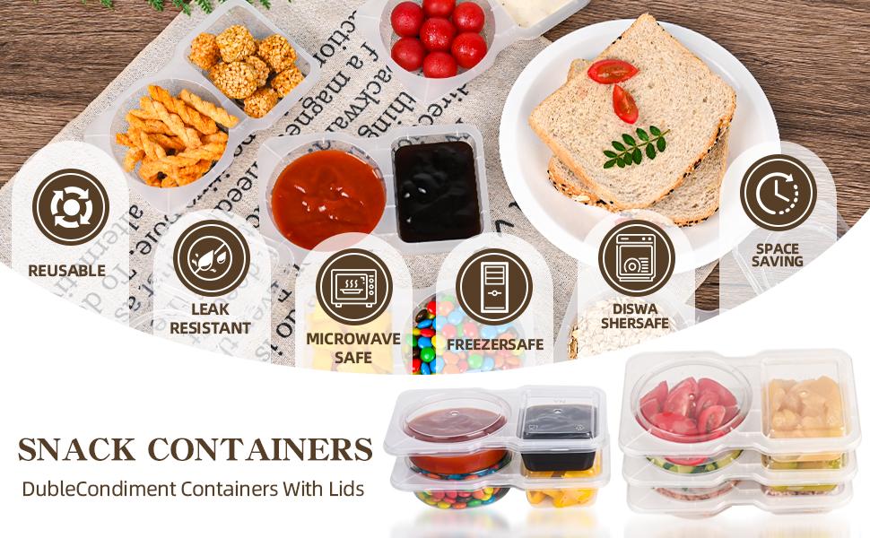 20 sets Reusable Snack Containers 2 Compartment Condiment Container With Lids Snackle Box Container Portion Control for Refrigeration Sauce,Outdoor Takeaway,Travel