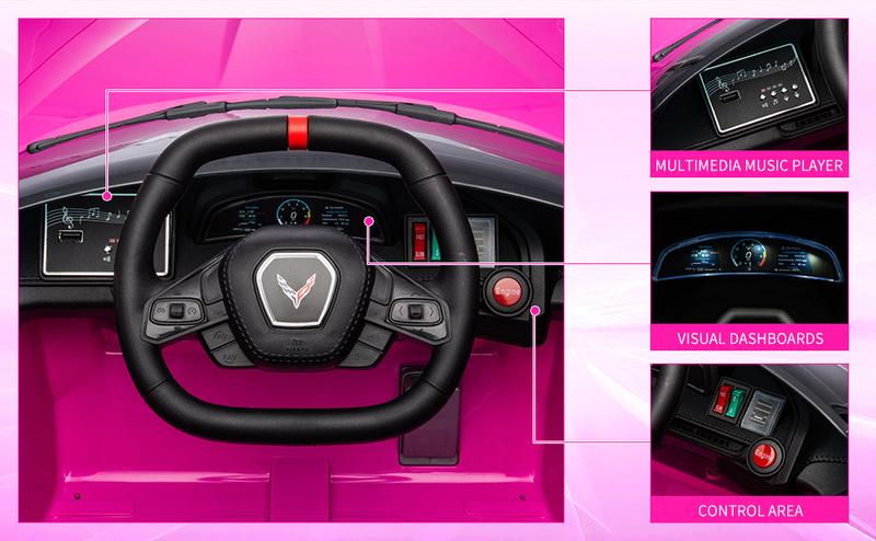 【GARVEE】12V Licensed Corvette Electric Sports Car for Kids with Remote Control, Visual Dashboard, LED Lights, Music, Battery Powered, Available in Multiple Colors Including Rose Red, Red, Light Blue, Orange, Pink, Dark Blue, and White