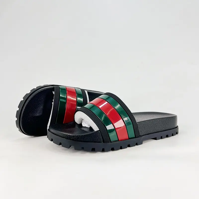 Breathable Glossy Red-Green Striped Strap Slide Sandals Thick Serrated Black Cushion Midsole Deep Lug Anti-Slip Outsole For Summer Pool Visits Casual Cafe Hangout Retro Streetwear Outfit Matching