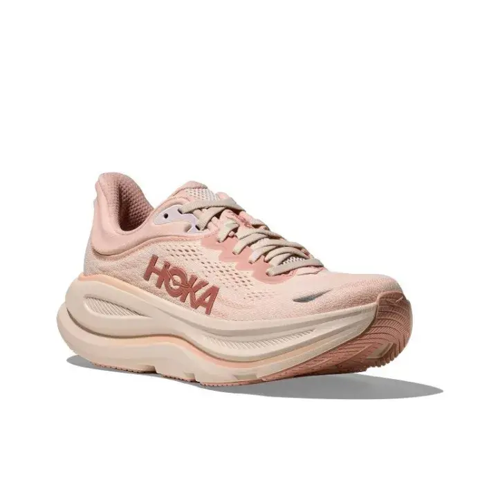 Neutral Soft Blush Pink Perforated Knit Mesh Low Top Performance Running Sneakers Sleek Same-Tone Embossed Logo Ultra Thick Stacked Cushion Midsole All Season Long Distance Road Fitness Trainers