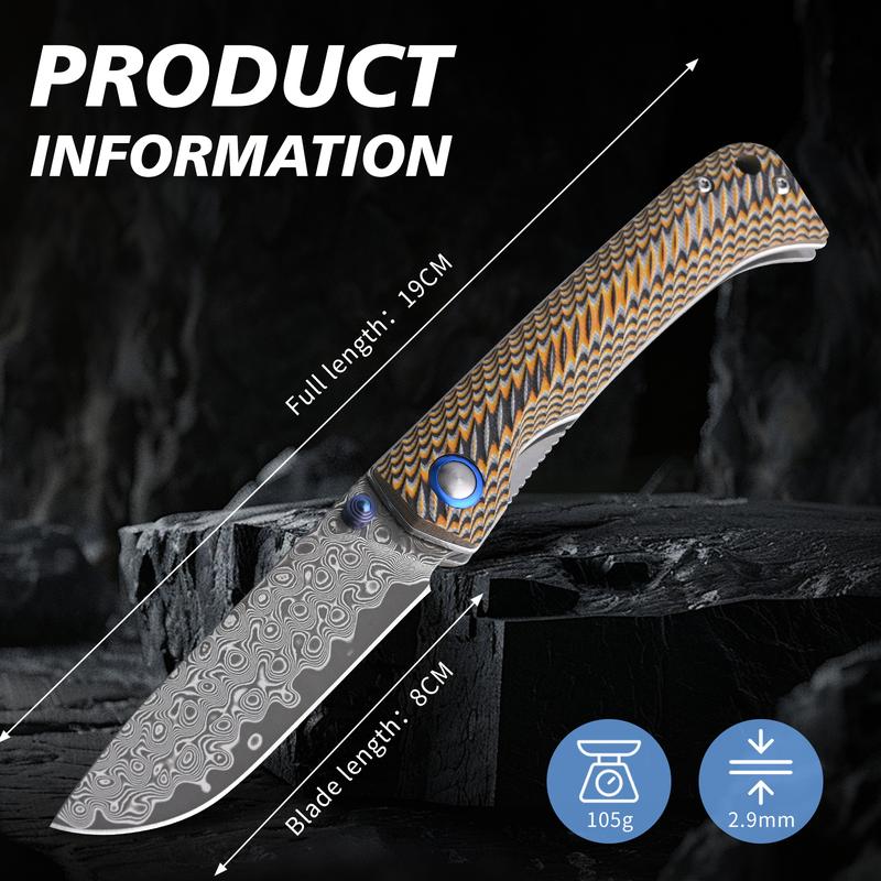A two-tone G10 Winged Dart folding knife featuring a large Damascus-forged blade—sharp for cutting, portable and durable—ideal for outdoor camping, barbecues, and fishing; collectible grade, an ideal choice for outdoor enthusiasts and as a holiday gift.