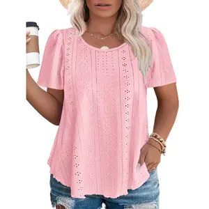 Women's Plus Size Eyelet Puff Short Sleeve Crewneck Solid Color T-Shirts, Summer Trendy Casual Tunics (XL-5XL, RPS2145) for Outdoor Fun