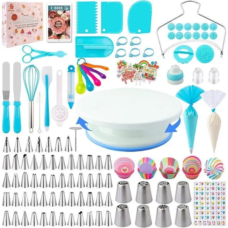 356pcs Home Baking Cake Decorating Full Set Multi Function Cake Turntable Piping Bag Icing Tips Couplers Cupcake Liners Cake Toppers Food Grade Safe Materials For Birthday Wedding