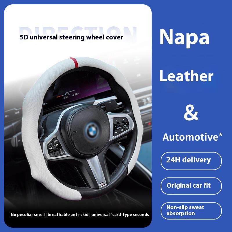 Napa Nappa Leather 15Inch 5D Premium Steering Wheel Cover Ultra-Thin Breathable Anti-Slip Sweat-Resistant Easy Install Universal Fit Enhance Driving Safety Comfort Must-Have Car Essential White