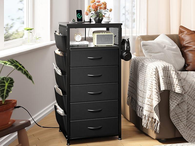 LED Nightstand with Charging Station, USB Port, Power Outlets, Tall Night Stand Set of 2 with 5 Dresser Drawers, Side Table with Side Bag, End Table with Storage Shelf, Bedroom bedroom  furniture