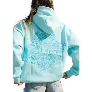 2025 Spring Pink Palm Bubble Embroidery Hoodie Women Casual Creative Pullover with Pocket Streetwear Long Sleeve Winter Sweatshirt Tops